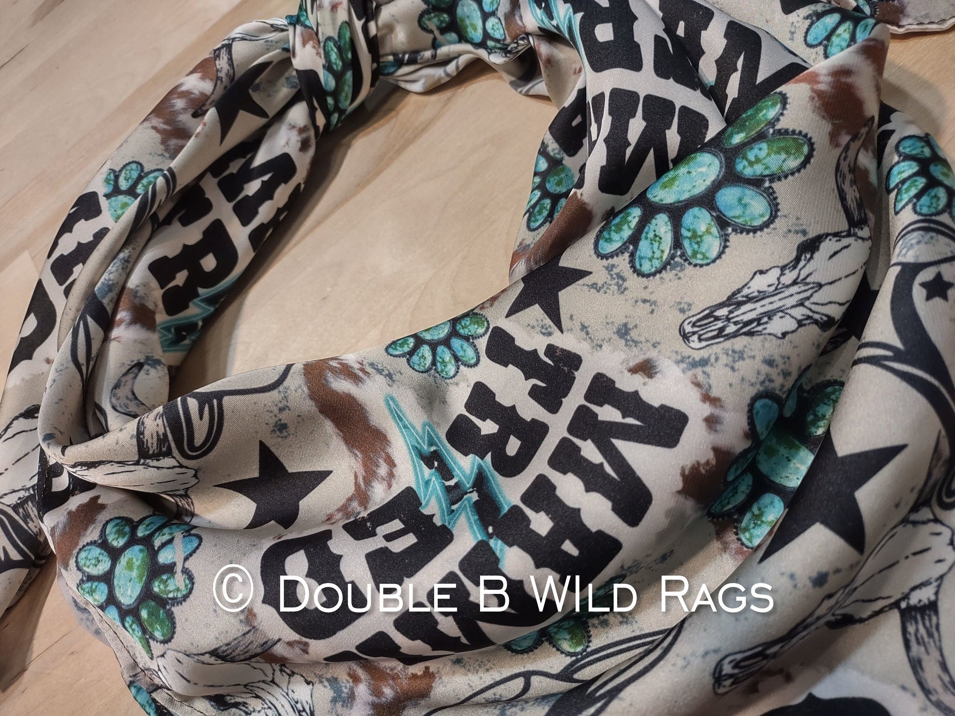 Wild Rag MISC 410 Mama Tried Tan and Turquoise Cowboy Buckaroo scene Western Neck Scarf Bandanna by Double B Wild Rags