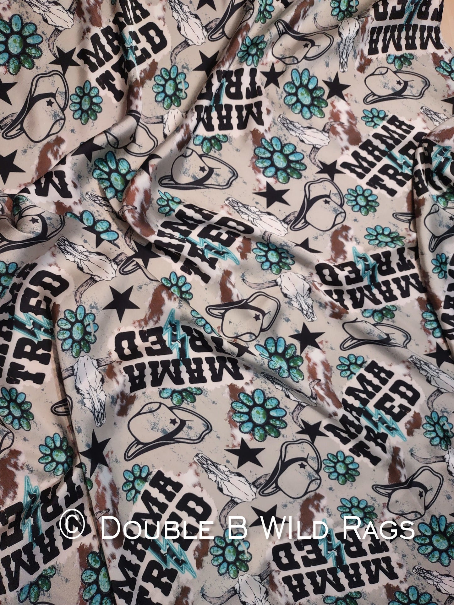 Wild Rag MISC 410 Mama Tried Tan and Turquoise Cowboy Buckaroo scene Western Neck Scarf Bandanna by Double B Wild Rags