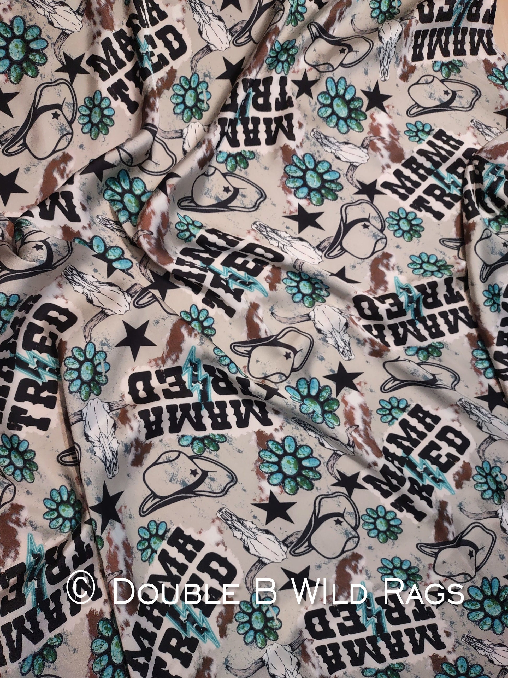 Wild Rag MISC 410 Mama Tried Tan and Turquoise Cowboy Buckaroo scene Western Neck Scarf Bandanna by Double B Wild Rags