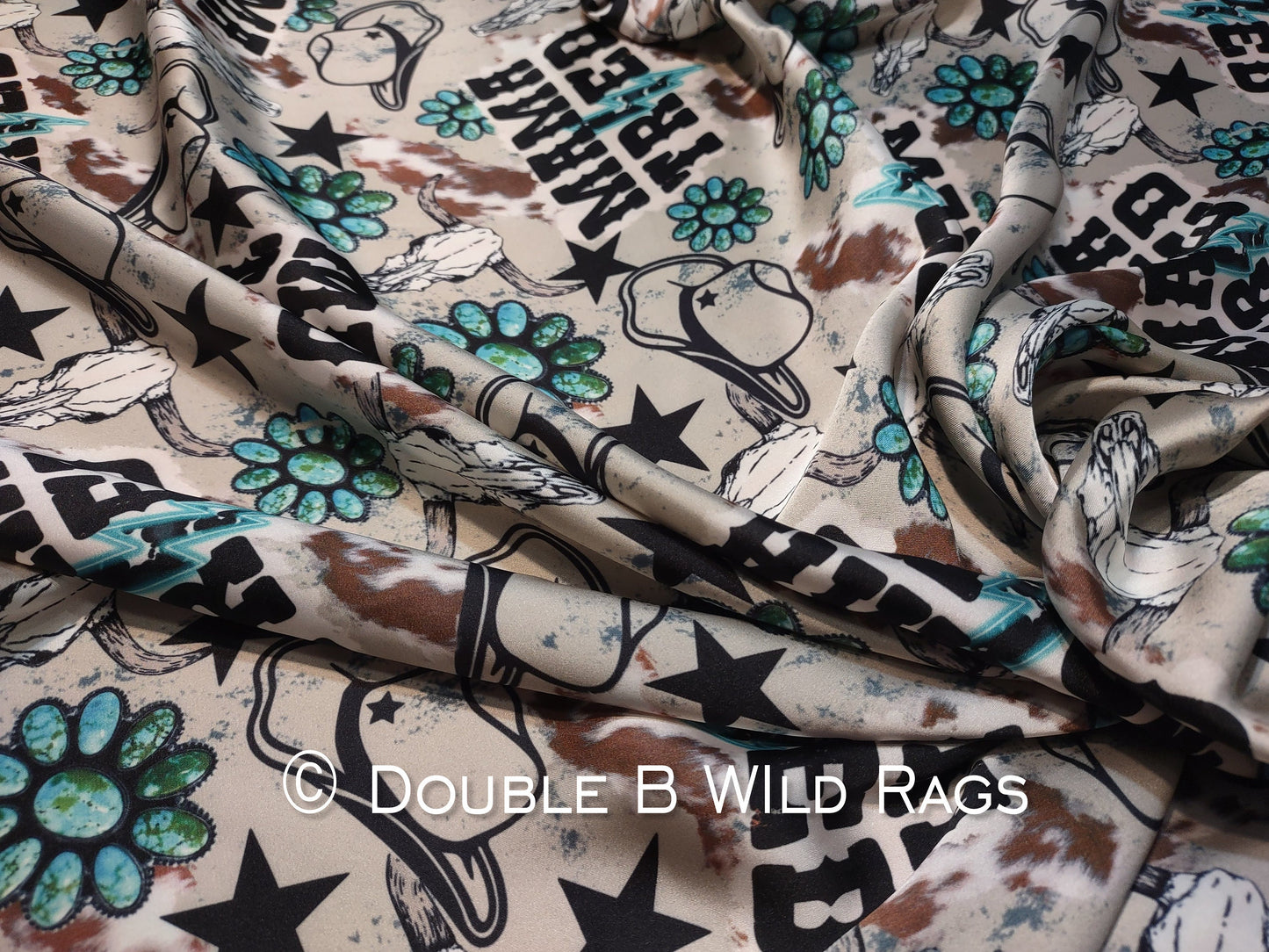 Wild Rag MISC 410 Mama Tried Tan and Turquoise Cowboy Buckaroo scene Western Neck Scarf Bandanna by Double B Wild Rags