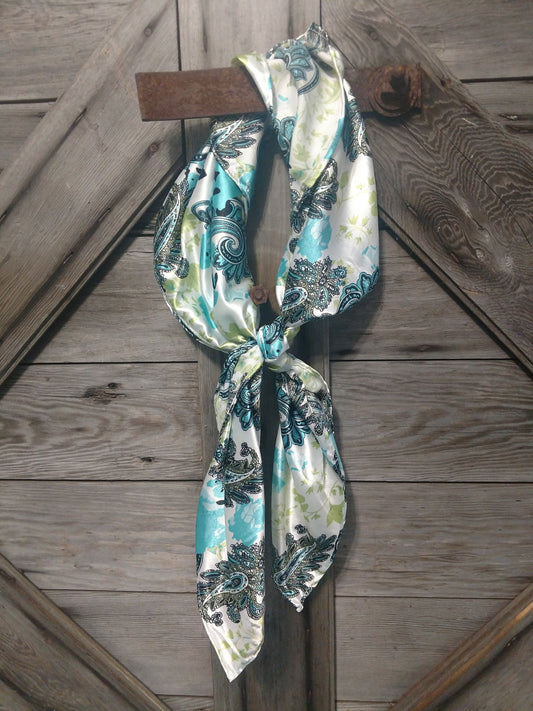 WILD RAG PAISLEY 110 Ivory and Turquoise floral Cowboy Wild Rag Western Neck Scarf Bandanna by Double B Wild Rags