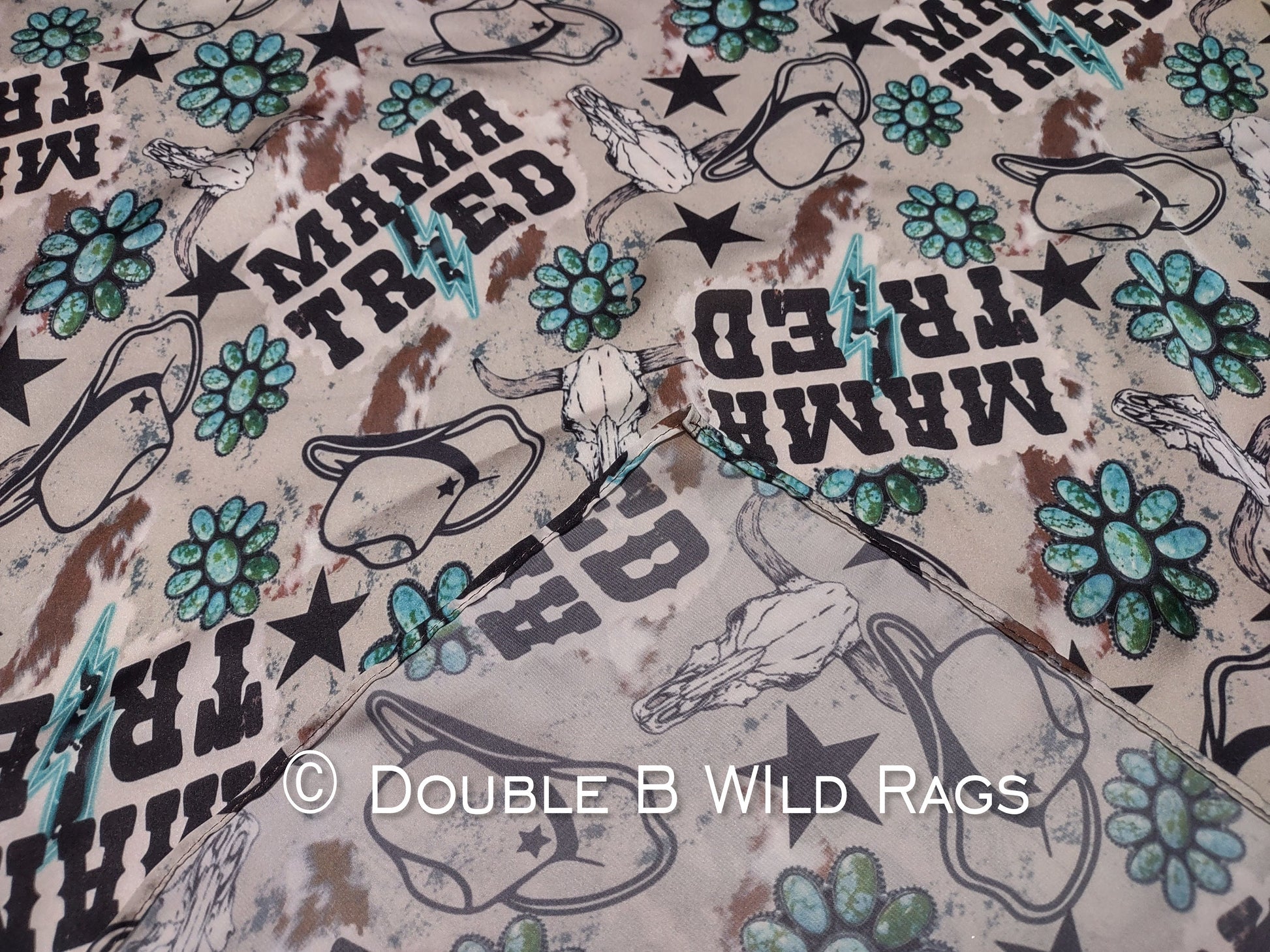 Wild Rag MISC 410 Mama Tried Tan and Turquoise Cowboy Buckaroo scene Western Neck Scarf Bandanna by Double B Wild Rags