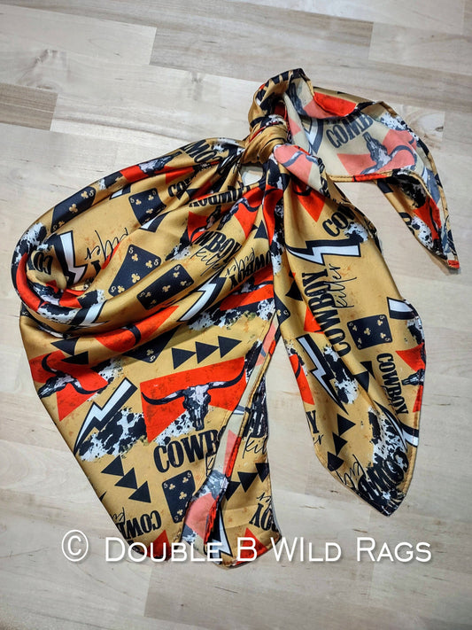 Wild Rag MISC 411 Gold Cowboy Killer Cowboy Buckaroo scene Western Neck Scarf Bandanna by Double B Wild Rags