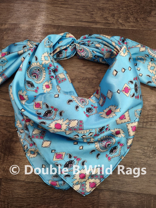 Wild Rag AZTEC 910 Bright Turquoise with Pink Western Cowboy Neck Scarf Bandana by Double B Wild Rags