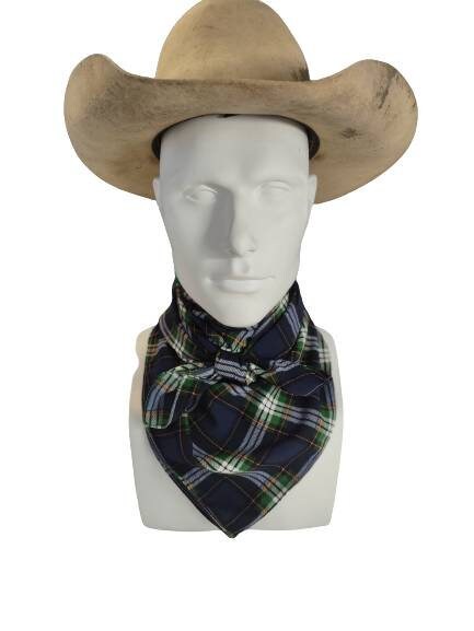 Wild Rag PLAID 1302 Navy Blue and Green Western Cowboy Neck Scarf Bandana by Double B Wild Rags
