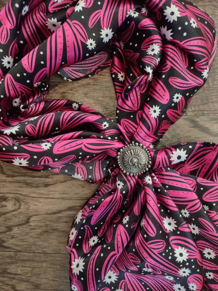 Wild Rag Cactus Fuchsia pink and Black with White flowers Western Cowboy Neck Scarf Bandana by Double B Wild Rags