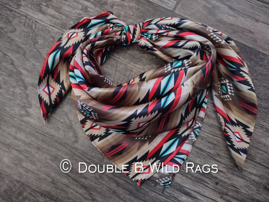 Wild Rag 100% SILK 821 Red, Brown, and Turquoise Aztec Cowboy Western Neck Scarf Bandanna by Double B Wild Rags