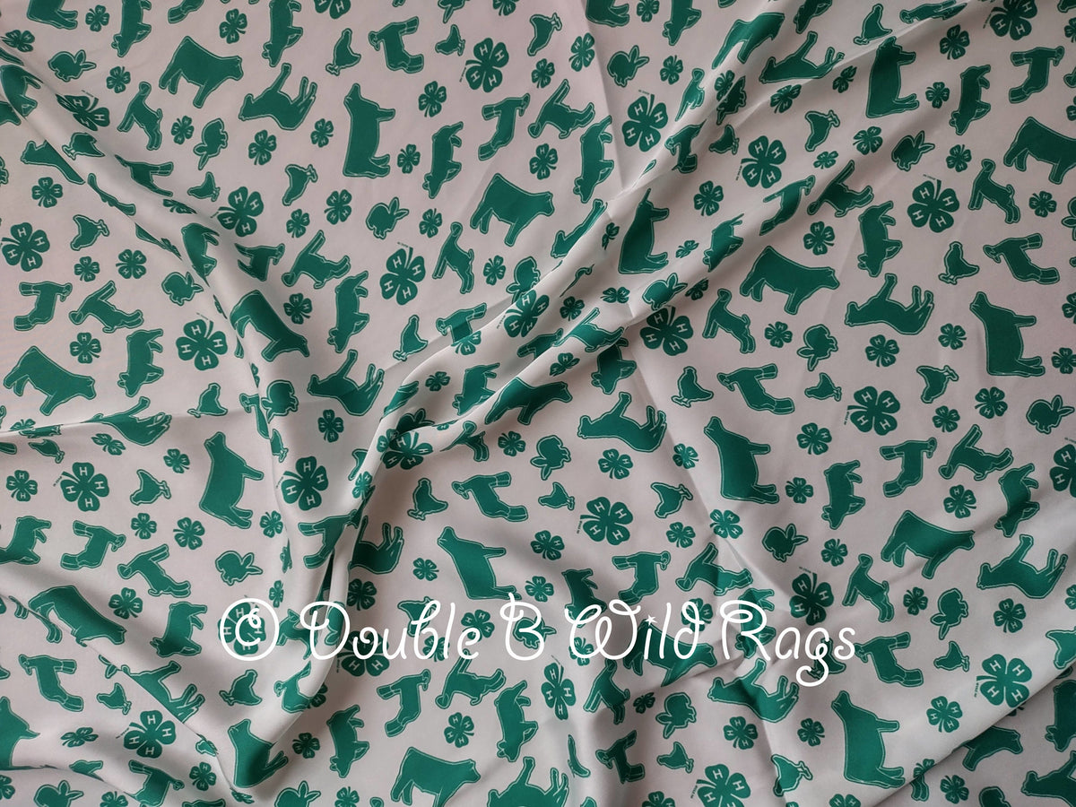 WILD RAG 4-H White with Green show animals and clover emblem Cowboy Western Neck Scarf Bandanna by Double B Wild Rags 4H