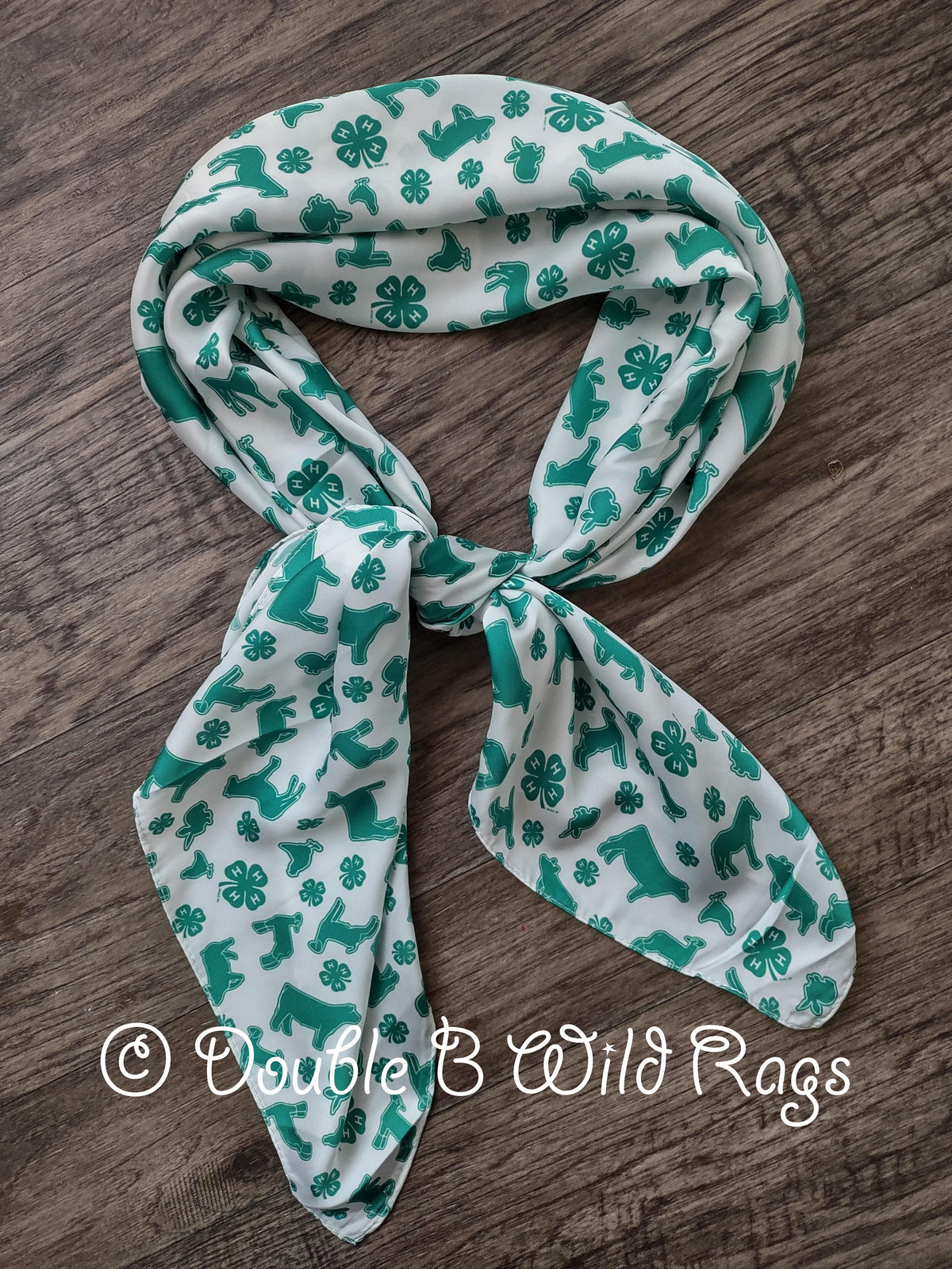 WILD RAG 4-H White with Green show animals and clover emblem Cowboy Western Neck Scarf Bandanna by Double B Wild Rags 4H