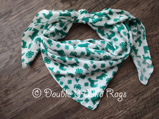 WILD RAG 4-H White with Green show animals and clover emblem Cowboy Western Neck Scarf Bandanna by Double B Wild Rags 4H