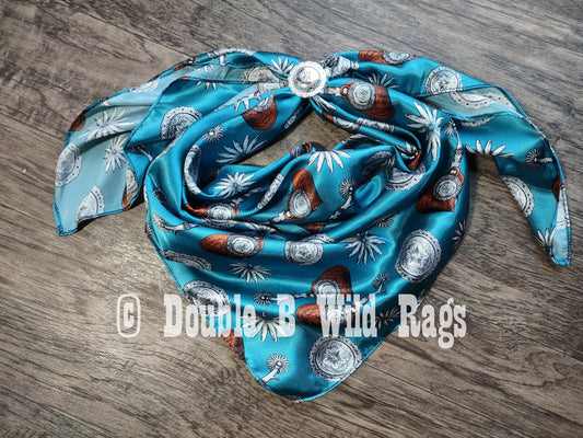 WILD RAG MISC 434 Turquoise and Sorel Brown Spurs, Rowels, and Concho Print Western Neck Scarf Bandanna by Double B Wild Rags