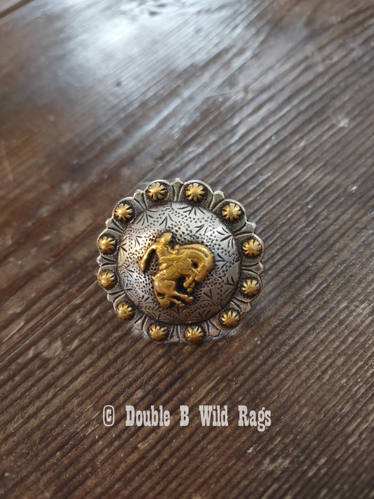 WILD RAG SLIDE 1-1/2" Antique Gold Western Bucking Bronco Rider Engraved Berry Concho by Double B Wild Rags