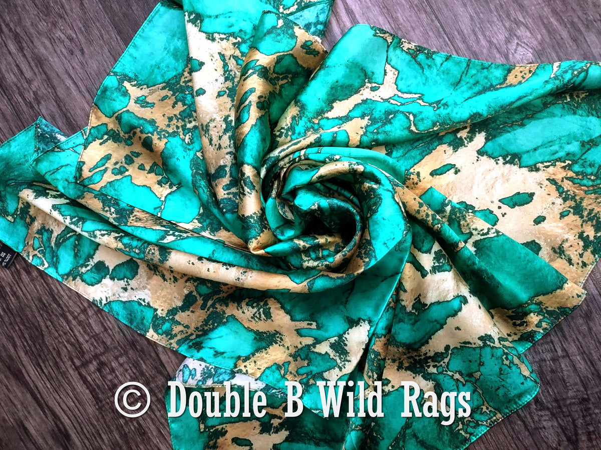 Wild Rag 100% Silk Teal Green and Gold Marble Bandana Border Cowboy Western Neck Scarf Bandanna by Double B Wild Rags