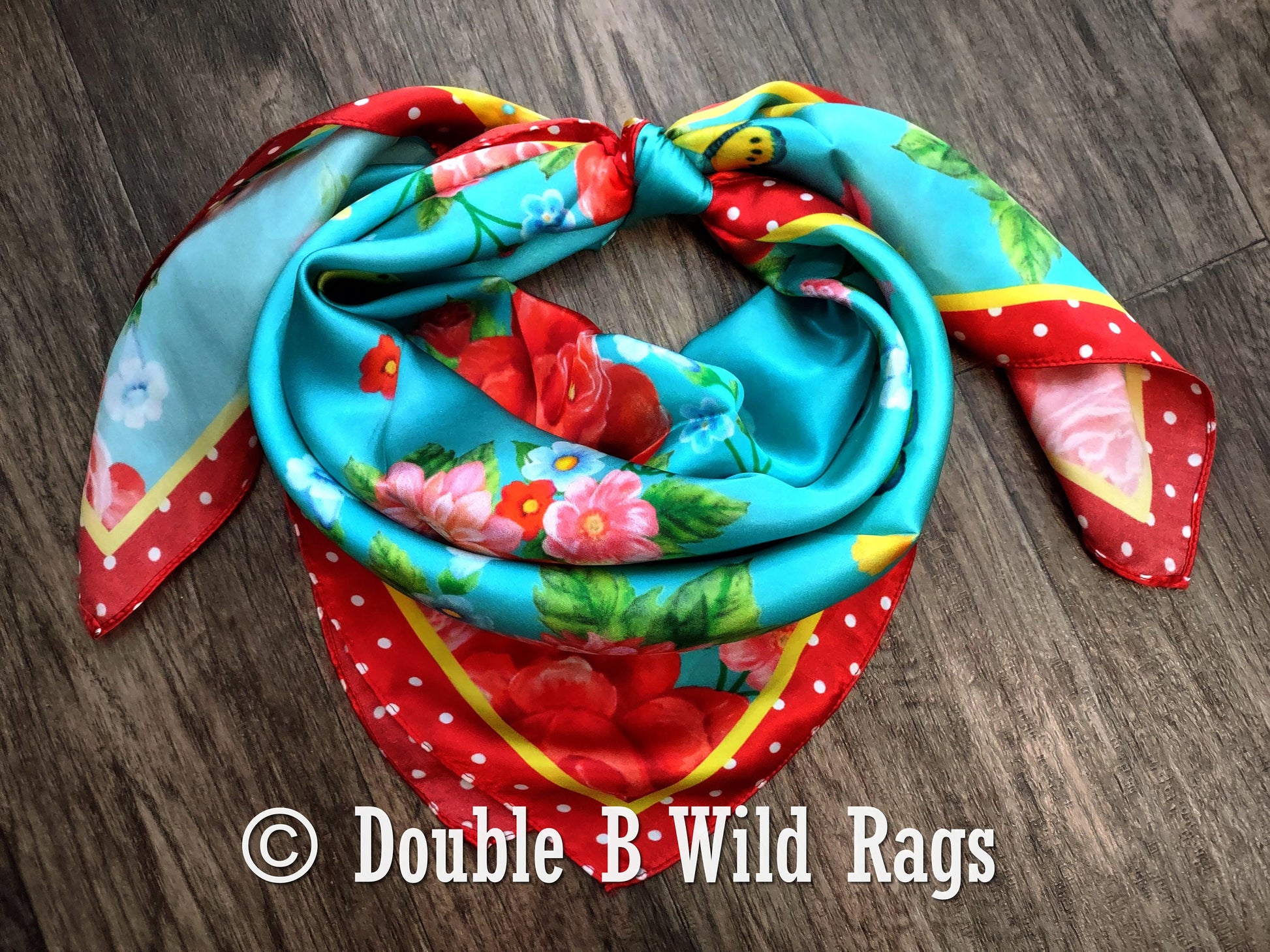 Wild Rag 100% Silk Red Polka Dot with Turquoise Floral Cowboy Western Neck Scarf Bandanna by Double B Wild Rags