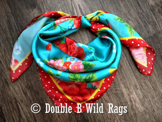 Wild Rag 100% Silk Red Polka Dot with Turquoise Floral Cowboy Western Neck Scarf Bandanna by Double B Wild Rags