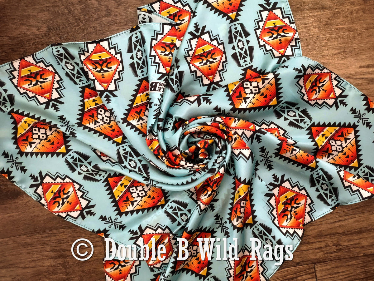 Wild Rag 100% Silk Light Blue with Orange Serape Cowboy Western Neck Scarf Bandanna by Double B Wild Rags