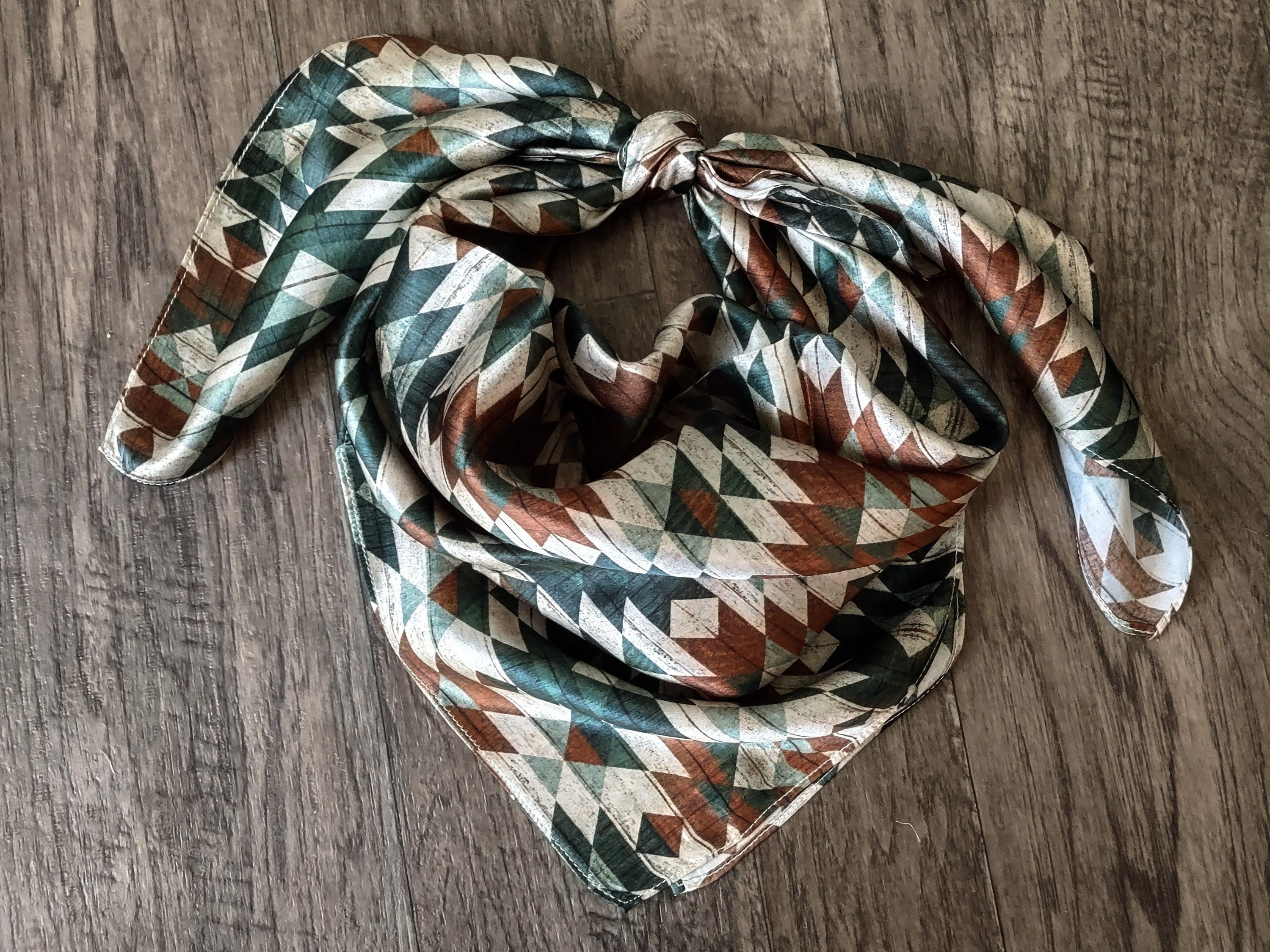 Wild Rag 100% SILK Green and Brown Distressed Aztec Cowboy Western Nec ...