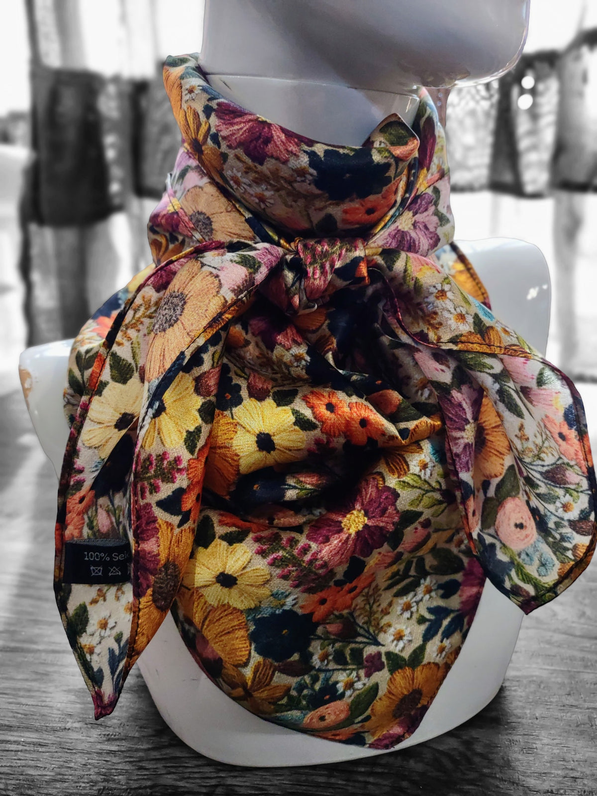 Wild Rag 100% SILK Ivory and Gold Embroidered print Western Neck Scarf Bandanna by Double B Wild Rags