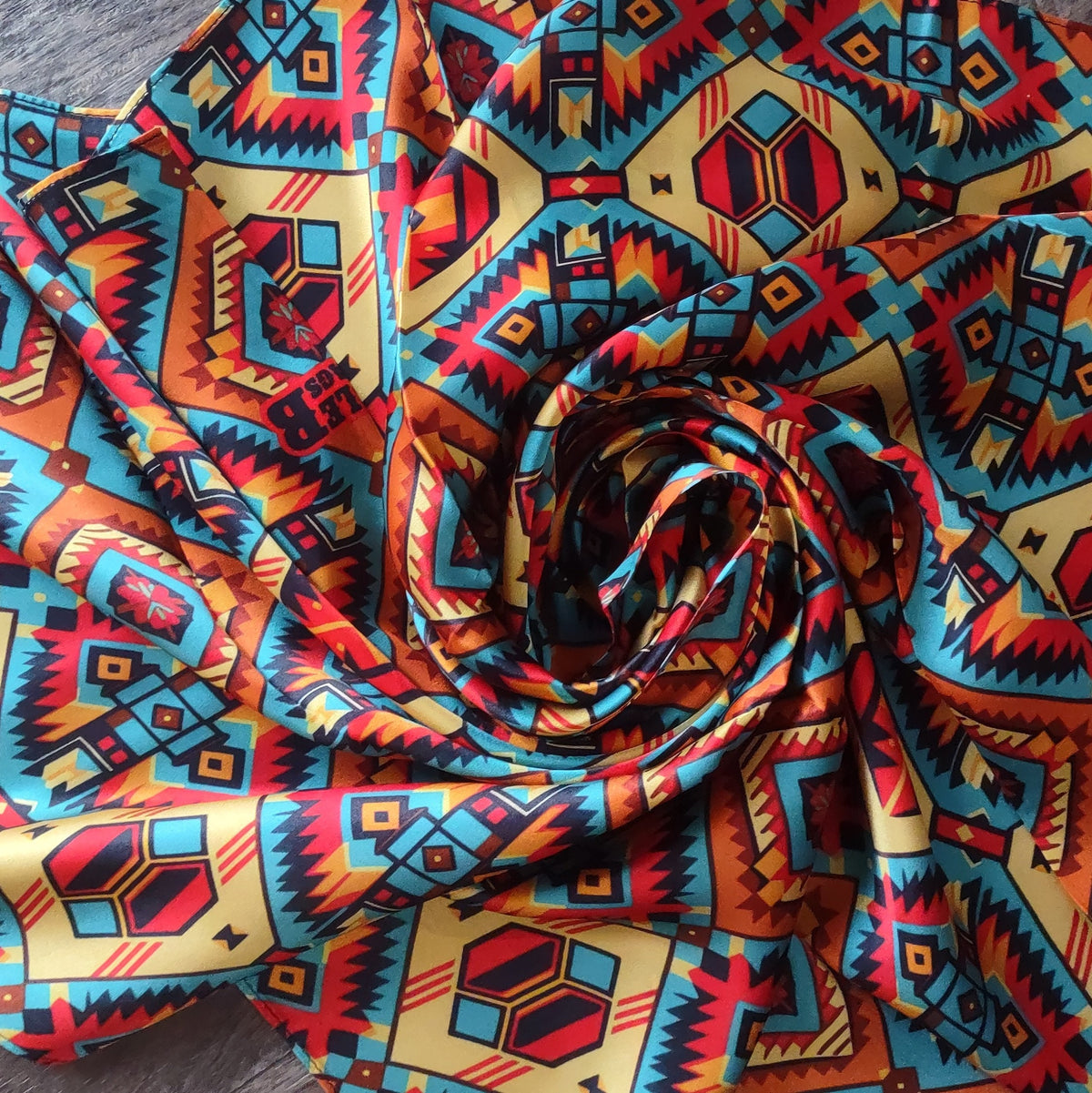 Silk Wild Rag Red, Yellow, Blue Aztec by Double B Wild Rags