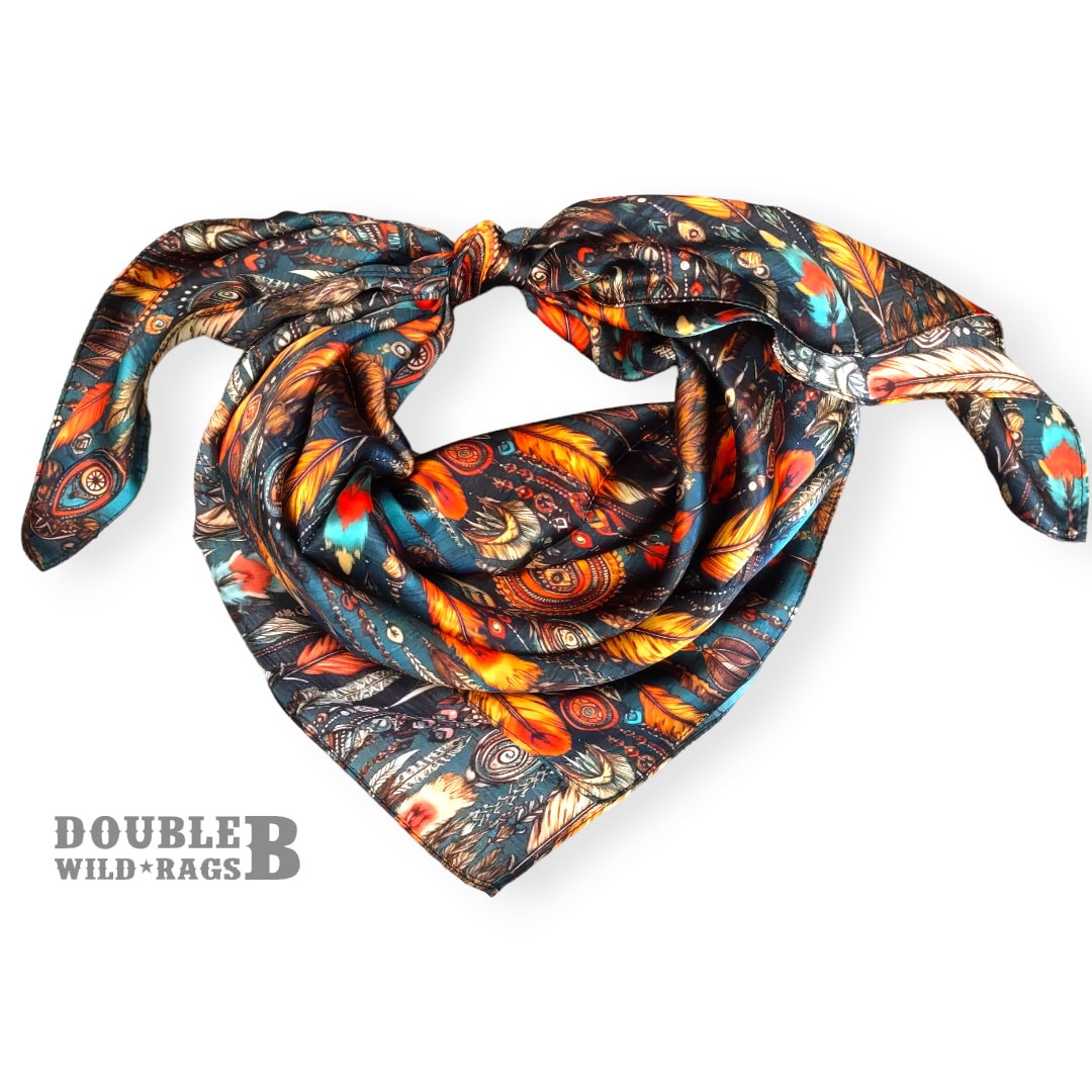 Wild Rag 100% SILK Teal and Orange Native Boho Feathers Neck Scarf Bandanna by Double B Wild Rags