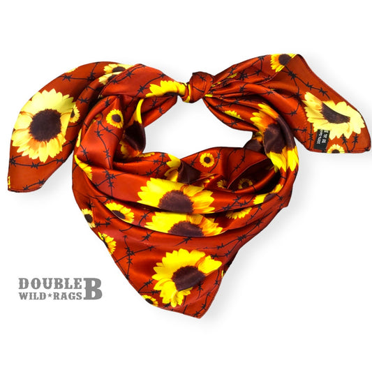 Wild Rag 100% SILK Deep Red, Sunflowers and Barbed Wire Cowboy Neck Scarf Bandanna by Double B Wild Rags