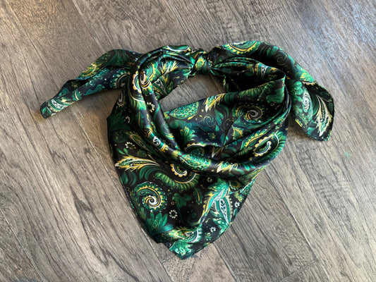Wild Rag 100% SILK Emerald Green Gold and Black Floral Paisley Cowboy Neck Scarf Bandanna by Double B Wild Rags