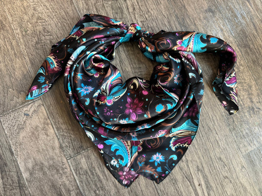Wild Rag 100% SILK Purple turquoise black Floral Paisley Cowboy Neck Scarf Bandanna by Double B Wild Rags