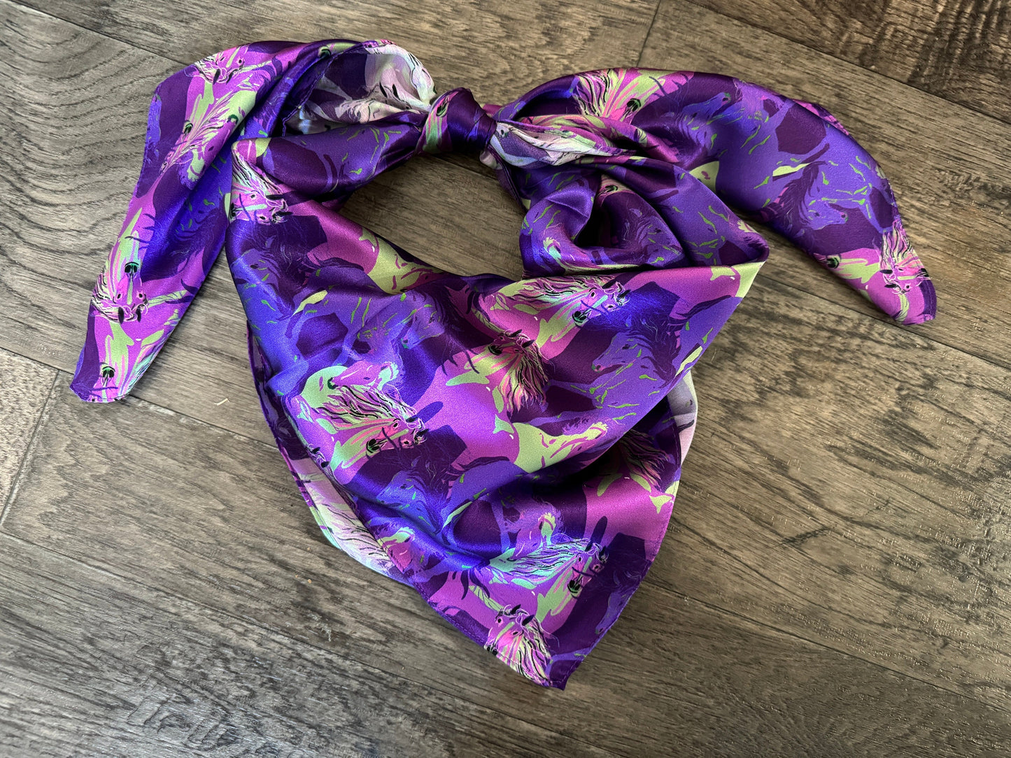 Silk Wild Rag Purple and Green Running Horse print by Double B Wild Rags