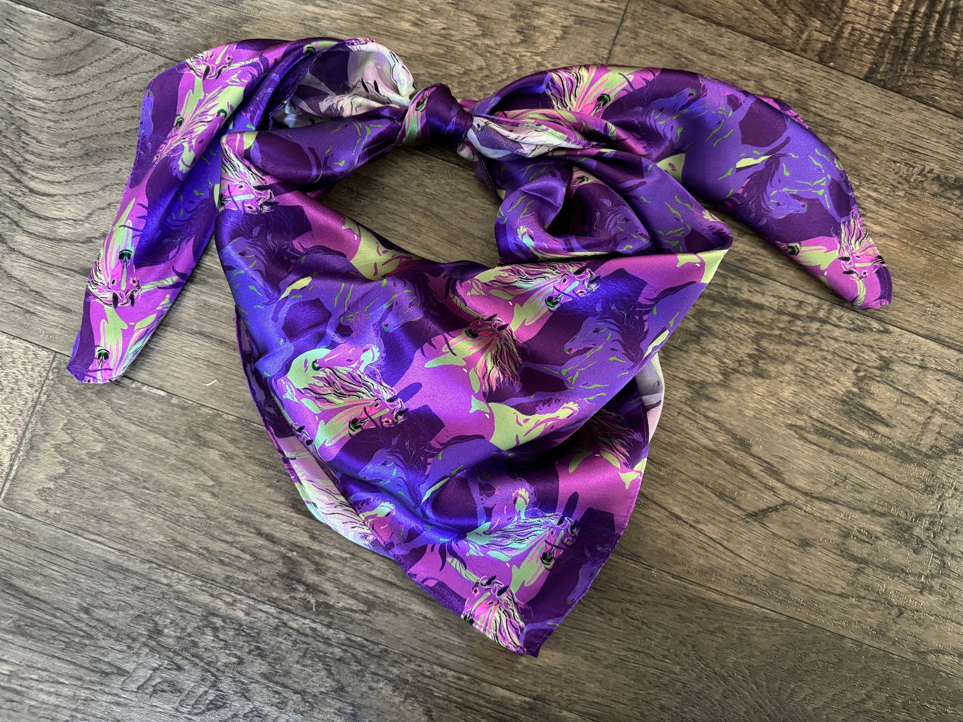Silk Wild Rag Purple and Green Running Horse print by Double B Wild Rags
