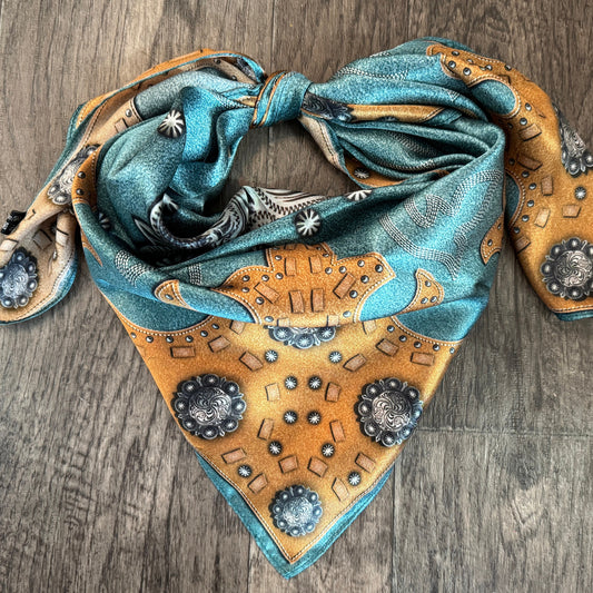 100% Silk Wild Rag Dusty Blue suede leather and conchos with boot stitch accents by Double B Wild Rags