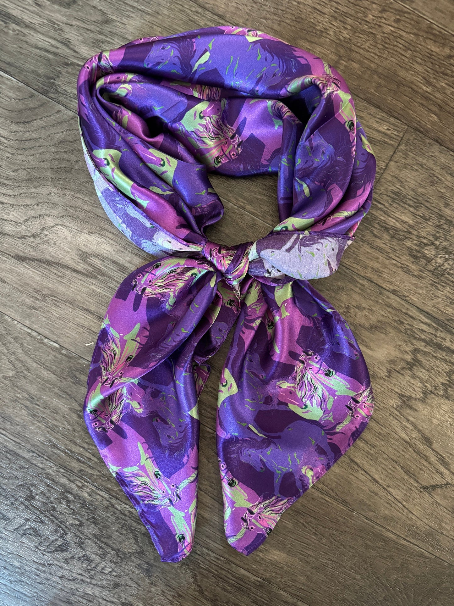 Silk Wild Rag Purple and Green Running Horse print by Double B Wild Rags