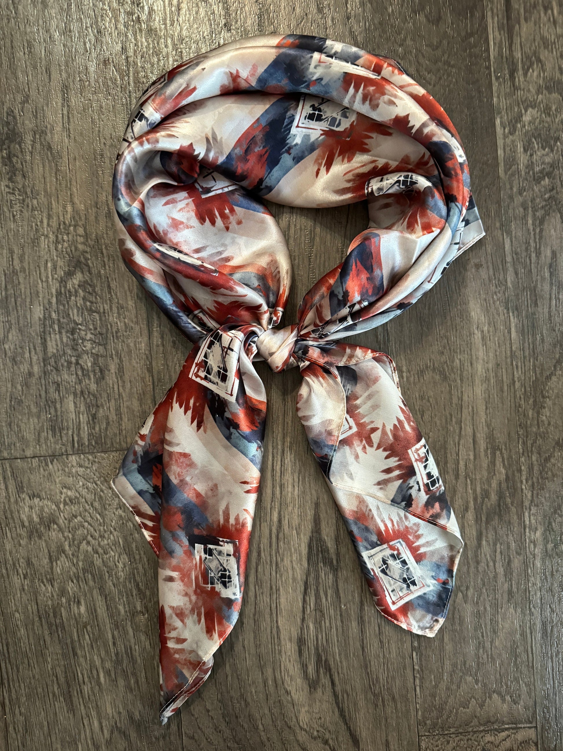Silk Wild Rag Navy Blue Copper Ivory watercolor tribal print by Double B Wild Rags