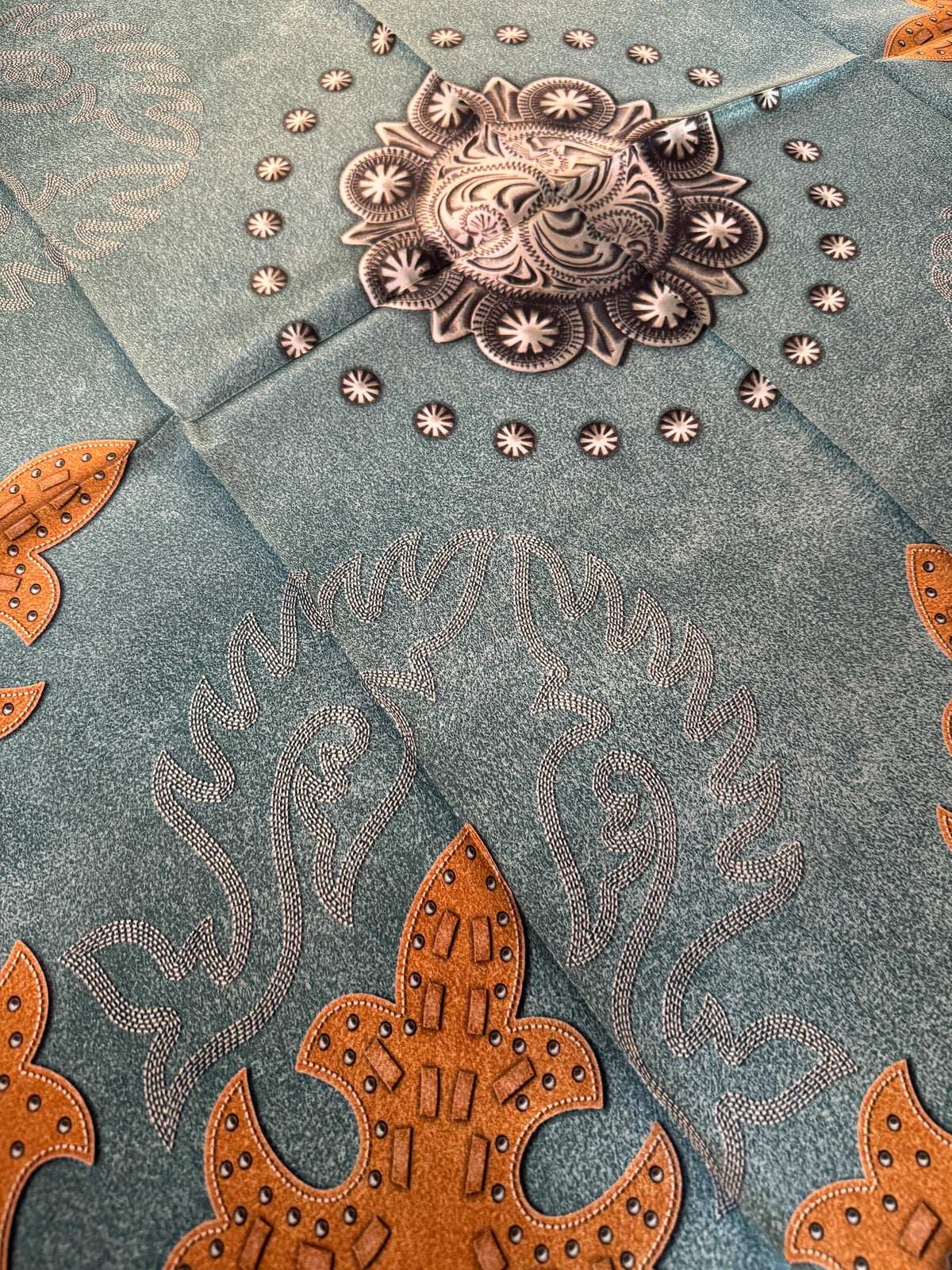 Dixie Blue Rag 100% Silk Wild Rag Dusty Blue suede leather and conchos with boot stit ...