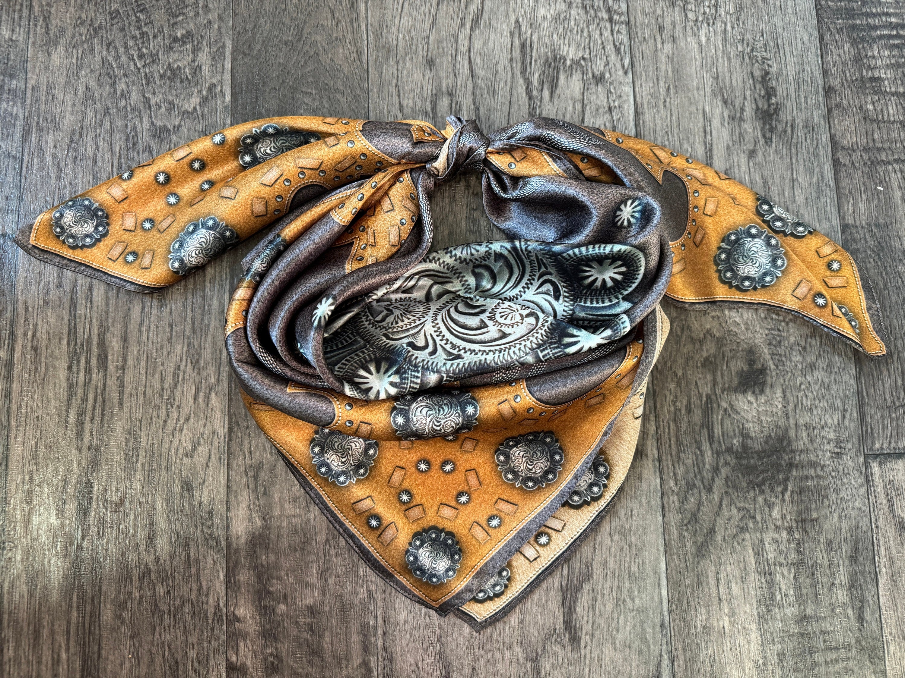100% Silk Wild Rag Charcoal Brown suede leather and conchos with boot ...