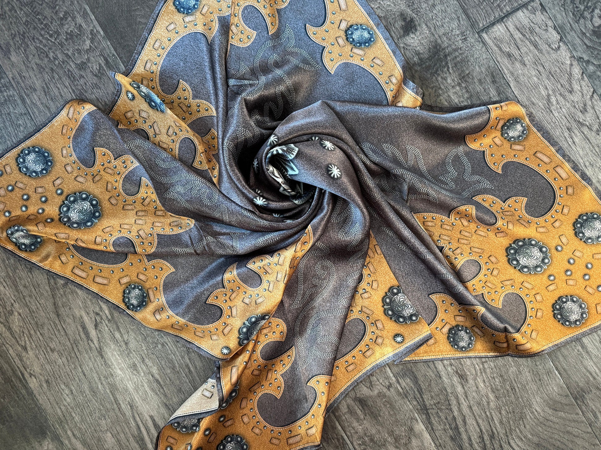 100% Silk Wild Rag Charcoal Brown suede leather and conchos with boot stitch accents by Double B Wild Rags
