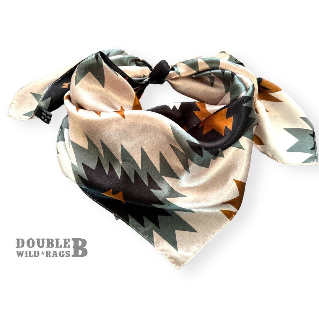 100% Silk Wild Rag Aztec Native tribal inspired pattern with brown, gr ...