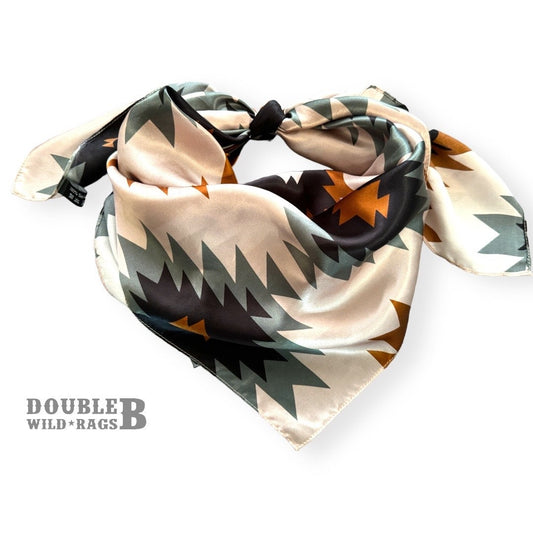 100% Silk Wild Rag Aztec Native tribal inspired pattern with brown, grey, tan, and black by Double B Wild Rags