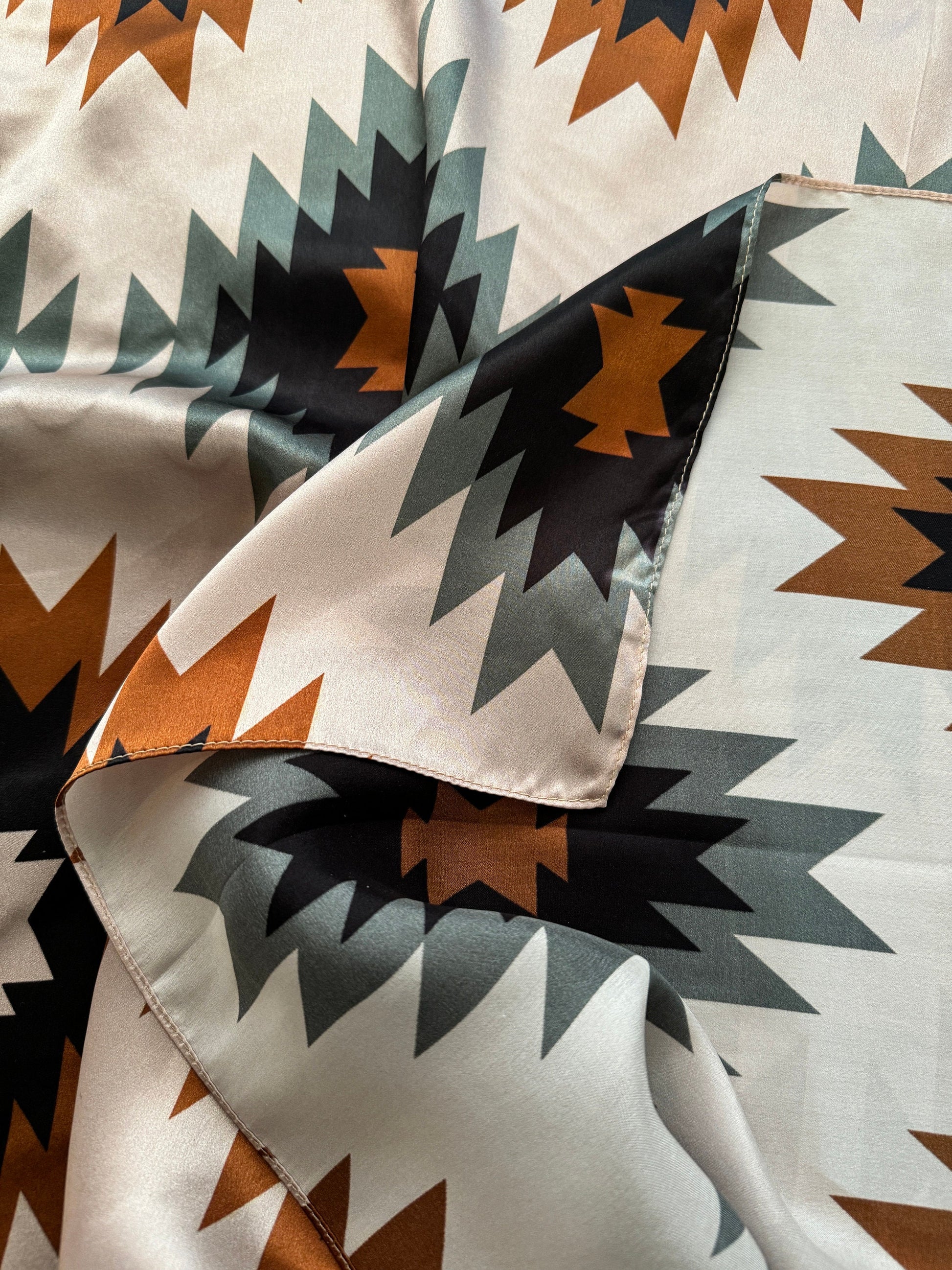 100% Silk Wild Rag Aztec Native tribal inspired pattern with brown, grey, tan, and black by Double B Wild Rags