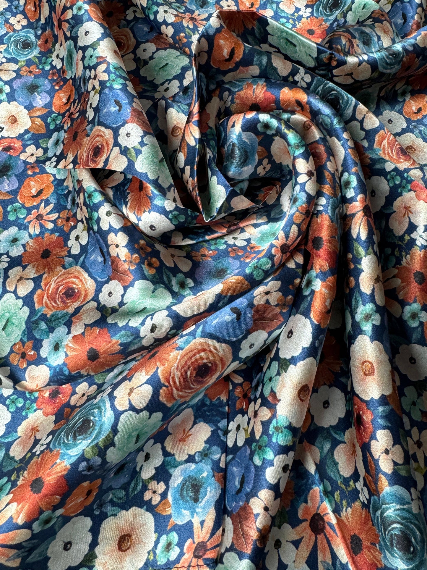 100% Silk Wild Rag Dainty Navy Orange and mint green floral by Double B Wild Rags