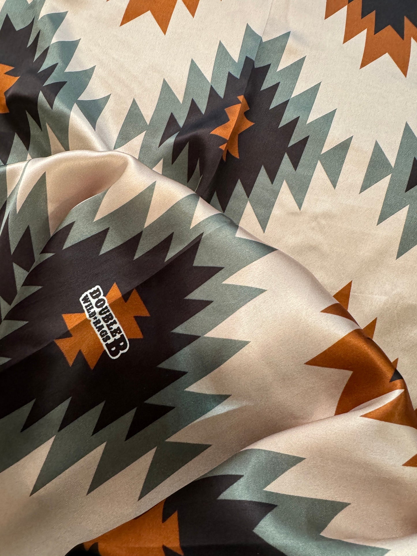 100% Silk Wild Rag Aztec Native tribal inspired pattern with brown, grey, tan, and black by Double B Wild Rags