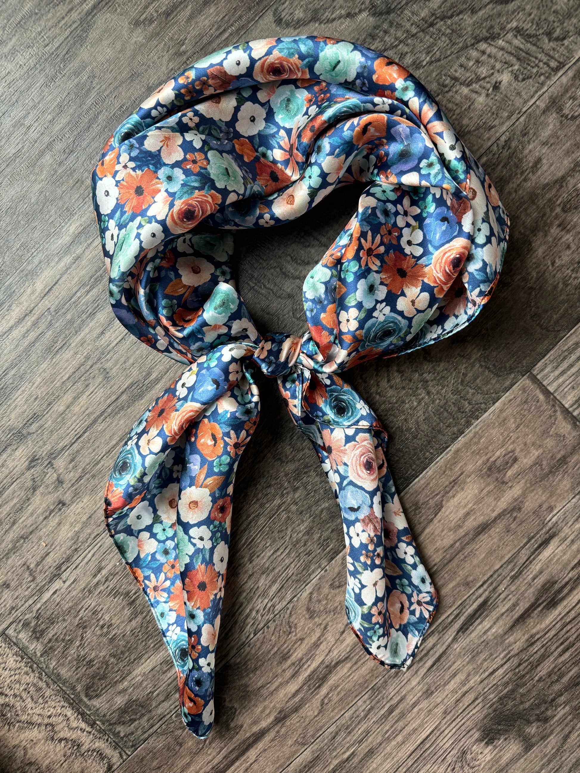100% Silk Wild Rag Dainty Navy Orange and mint green floral by Double B Wild Rags