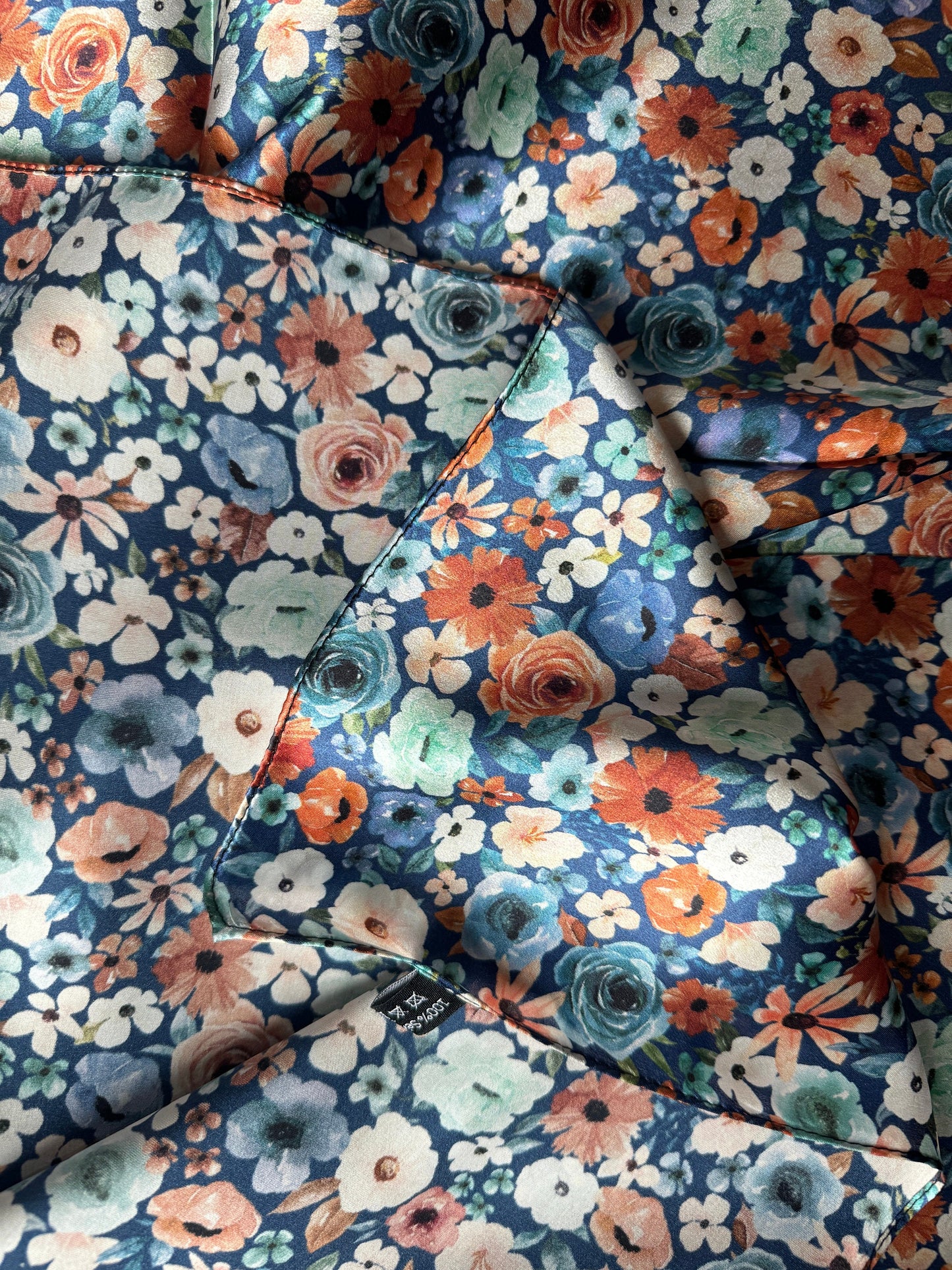 100% Silk Wild Rag Dainty Navy Orange and mint green floral by Double B Wild Rags