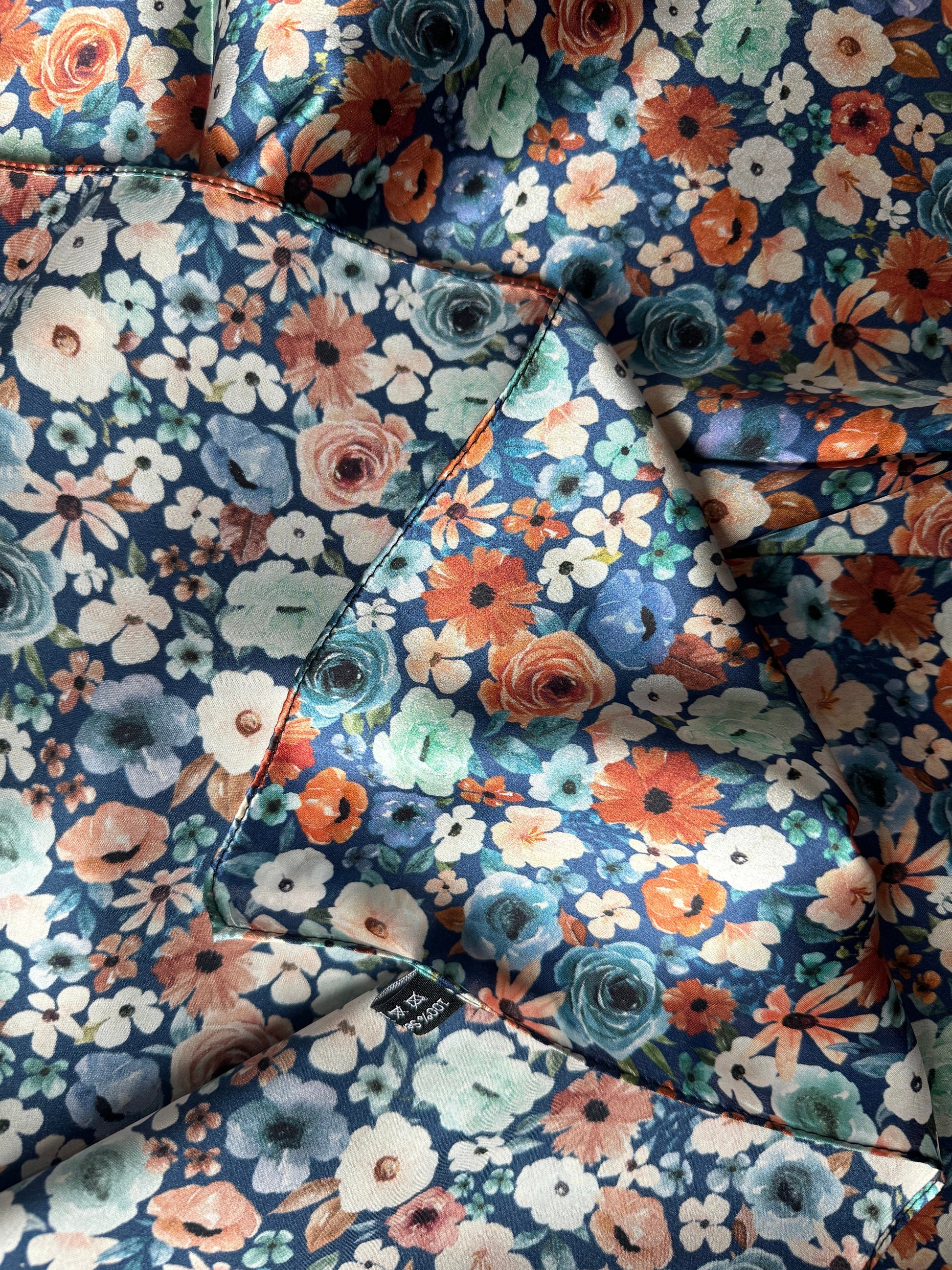 100% Silk Wild Rag Dainty Navy Orange and mint green floral by Double B Wild Rags