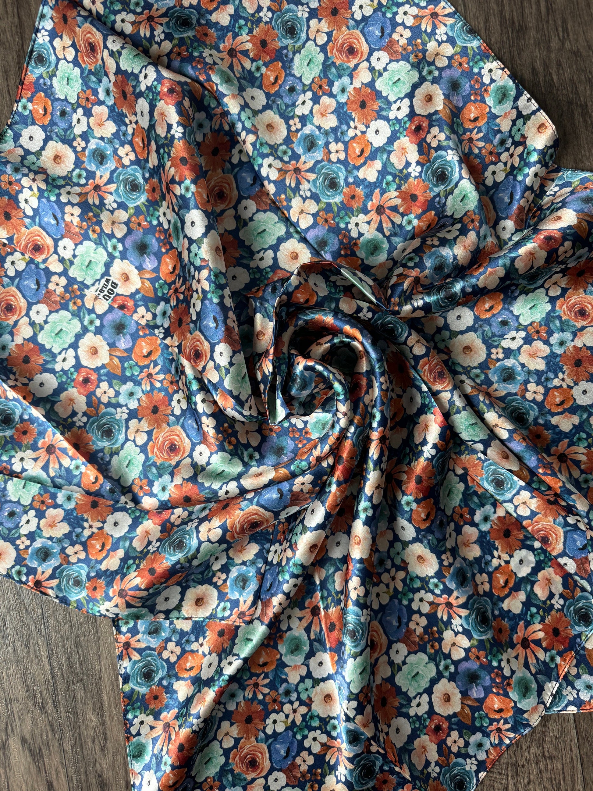 100% Silk Wild Rag Dainty Navy Orange and mint green floral by Double B Wild Rags