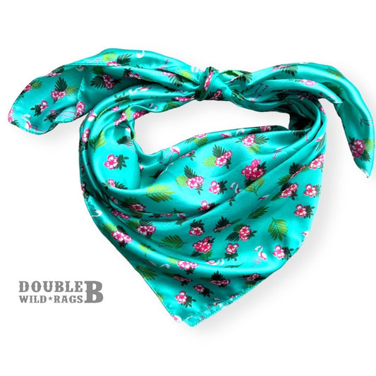 polyester silky soft square scarf with small pink flamingos and pink flowers on a blue green background