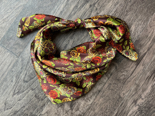 Wild Rag Brown and Gold Skull with Spanish Rose Western Neck Scarf Bandanna by Double B Wild Rags