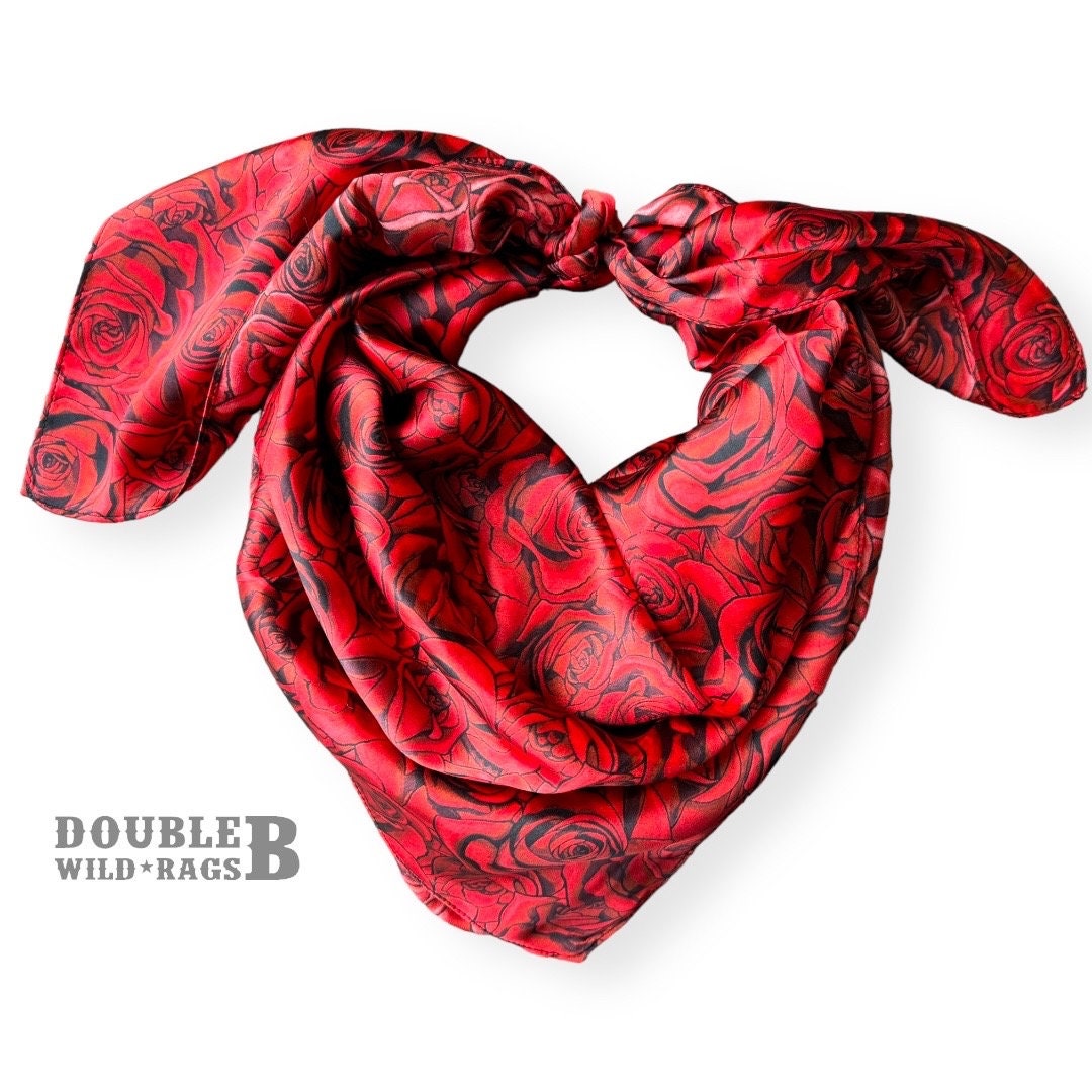 Wild Rag 100% SILK Red and Black Roses Western Neck Scarf Bandanna by Double B Wild Rags