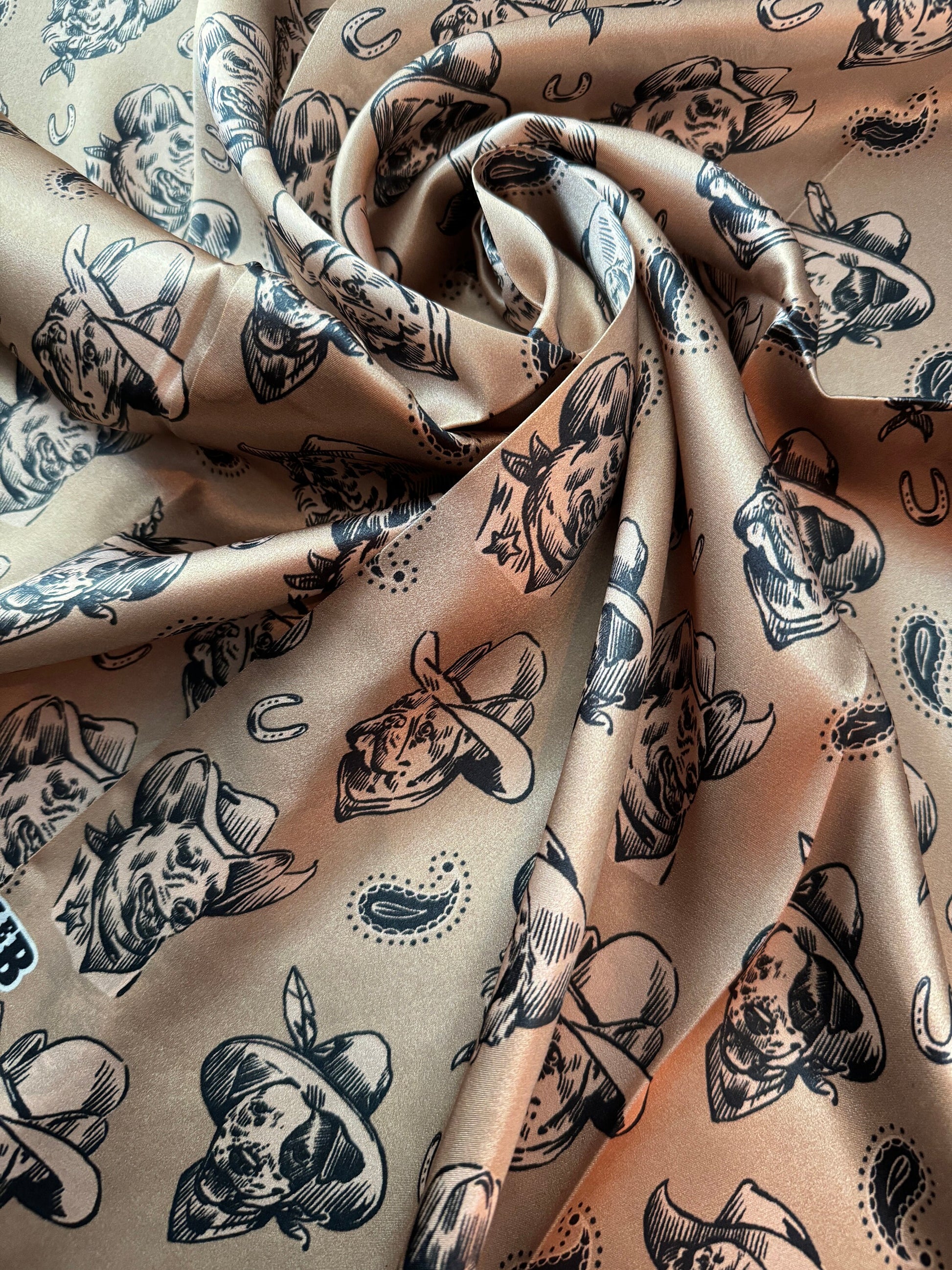 100% Silk Wild Rag “Cowboys Best Friend” by Double B Wild Rags Cowdog sketch’s on beige Corgi Frenchie Golden Retriever Jack Russel