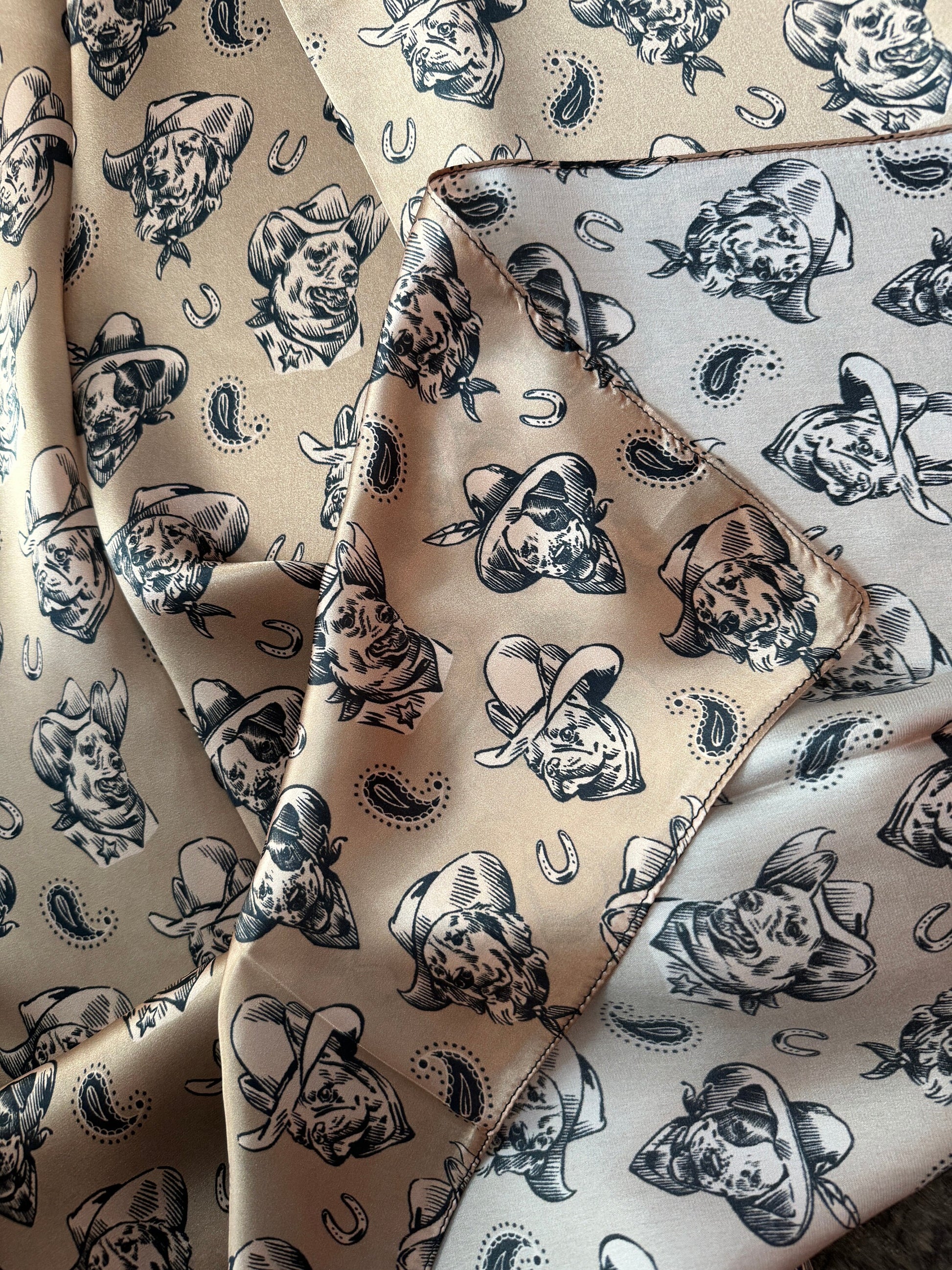 100% Silk Wild Rag “Cowboys Best Friend” by Double B Wild Rags Cowdog sketch’s on beige Corgi Frenchie Golden Retriever Jack Russel