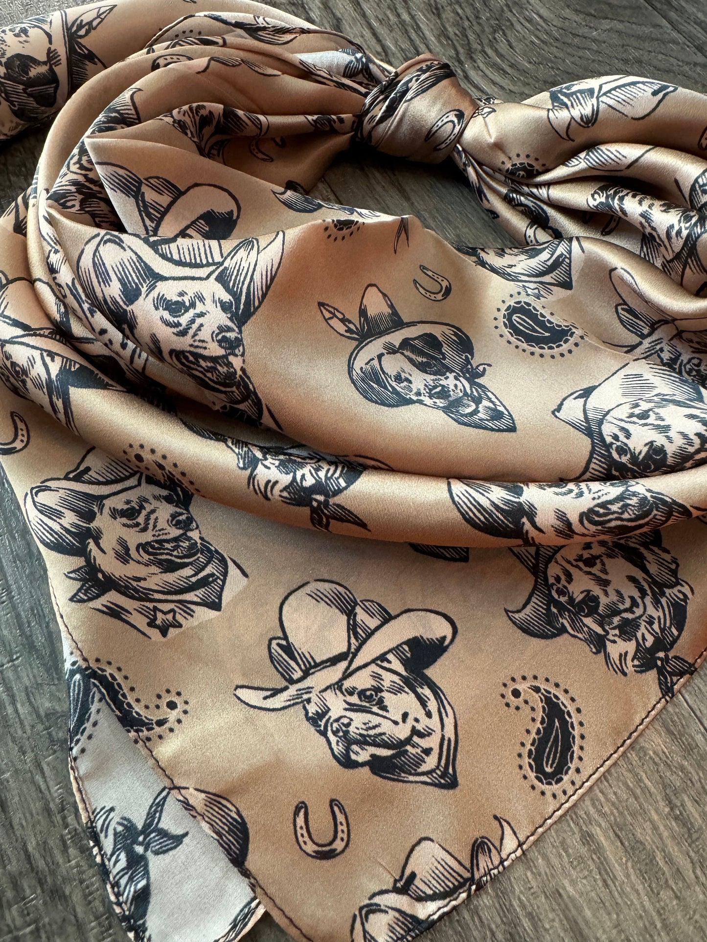 100% Silk Wild Rag “Cowboys Best Friend” by Double B Wild Rags Cowdog sketch’s on beige Corgi Frenchie Golden Retriever Jack Russel